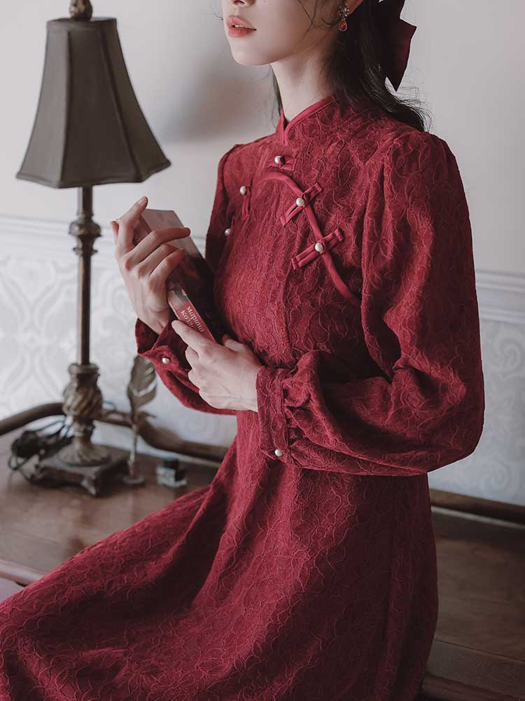 wine red cheongsam dress