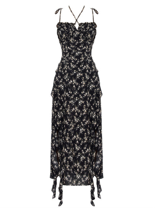Cool Black Floral Frill Hem Halter Ribbon Cami Dress