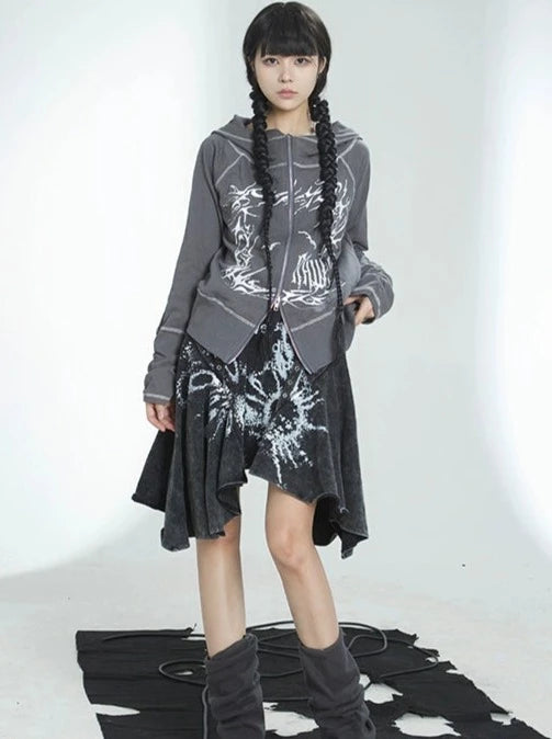 Design Print Hooded Top + Design Casual Tight Skirt