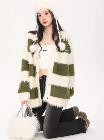 Striped Corian Style Loose Faux Mink Fur Soft Cardigan Knit