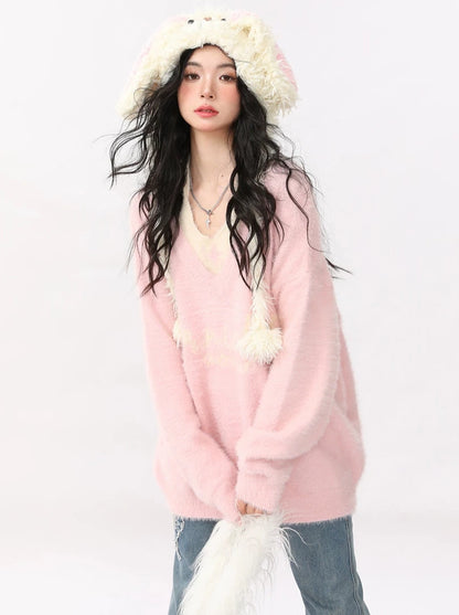 Soft Loose V-Neck Sweet Lazy Style Faux Two Piece Knit Sweater