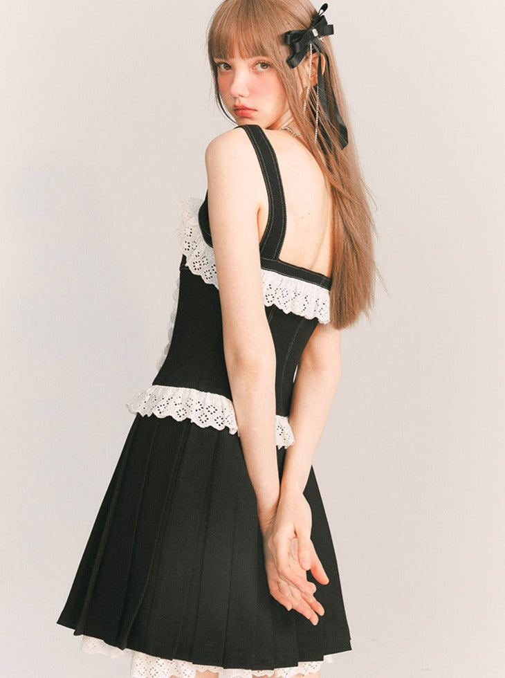 Lace frill black pleated skirt dress