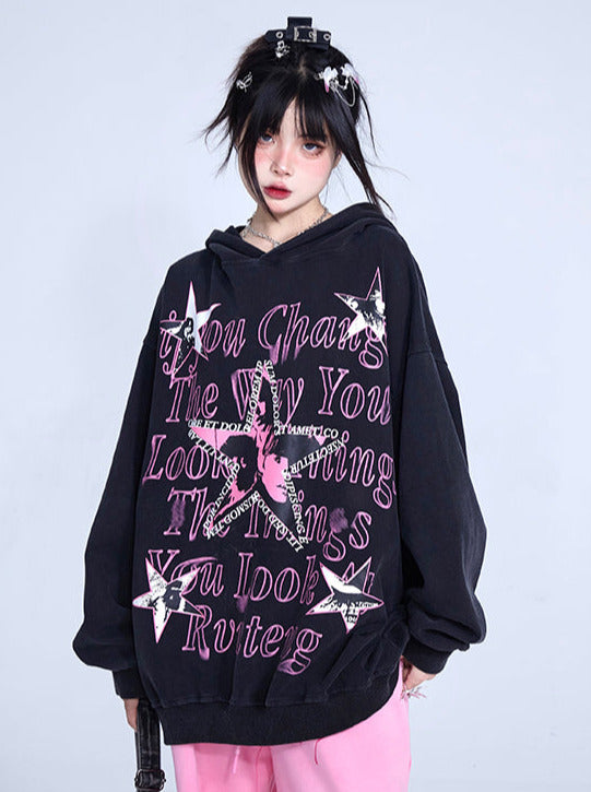 American Retro Schwarzer Druck Oversize Hoodie