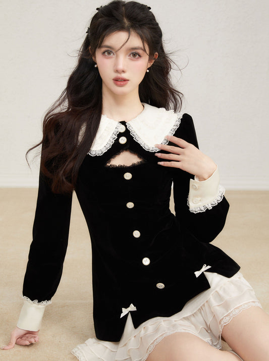 French Retro Black Frill Doll Color One Piece