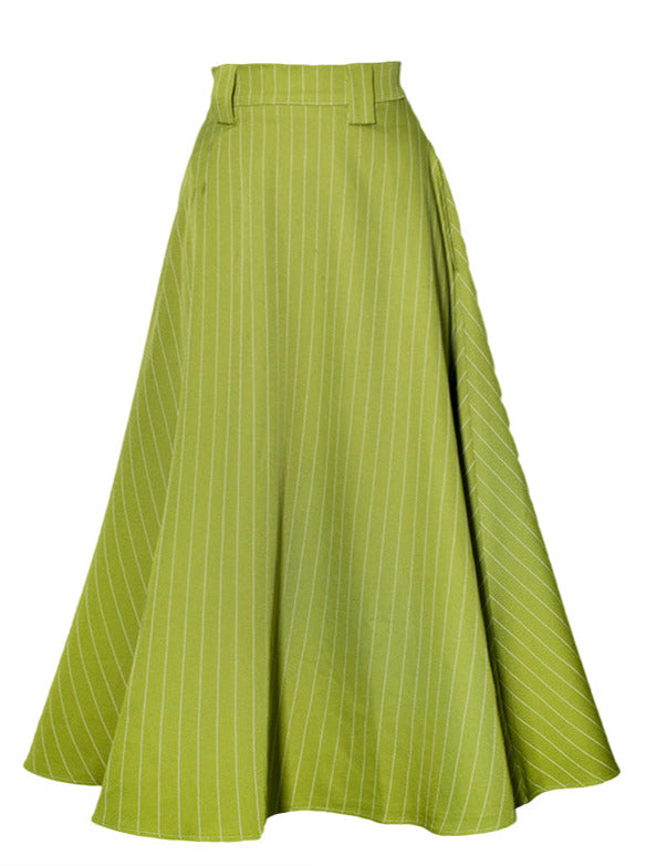 Mint Grass French Retro Striped High Waist A-Line Skirt 