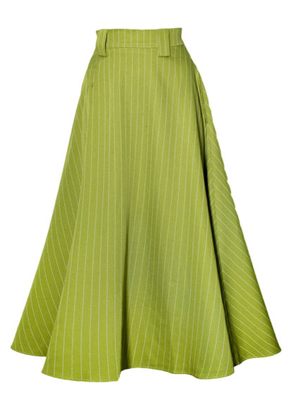 Mint Grass French Retro Striped High Waist A-Line Skirt 