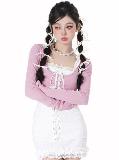 Peach Cardigan Two Piece Sleive Dress Slim Setup