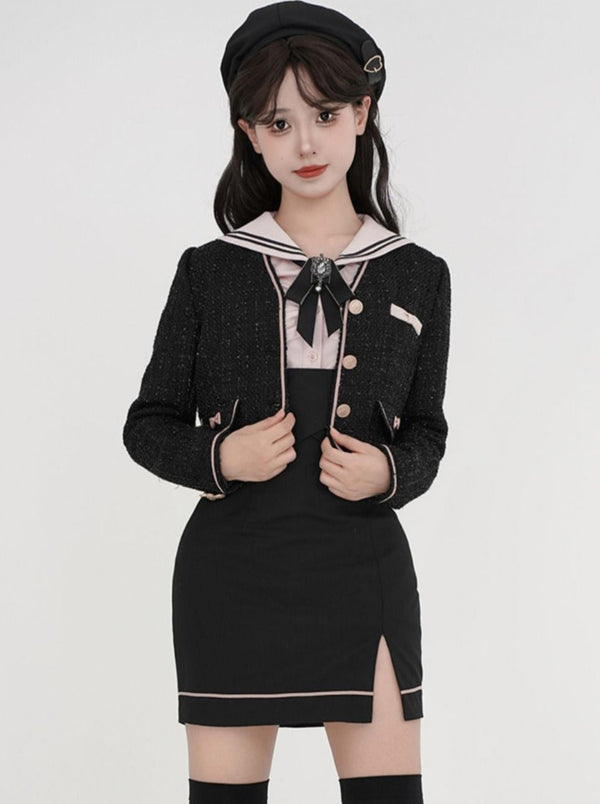 College jacket + pink shirt + suspension skirt + ribbon