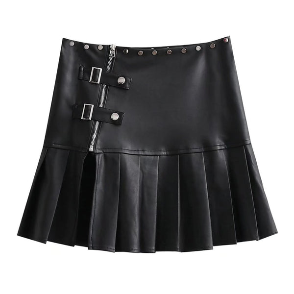 Cool Spicy Studded Buckle Split Leather Skirt