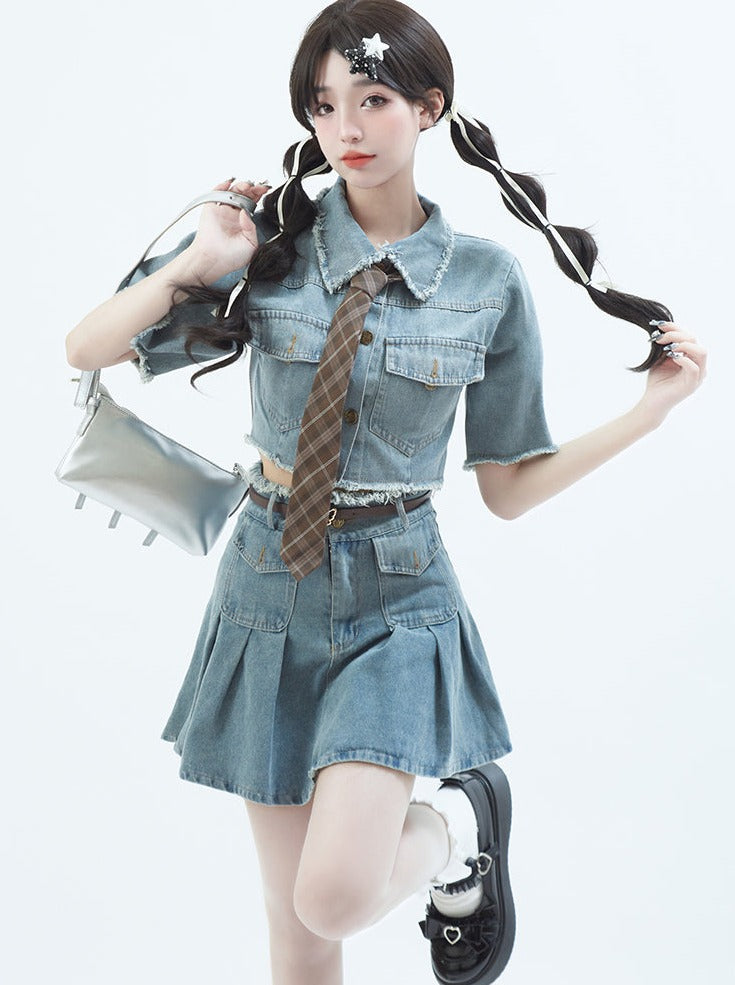 Denim tops with spicy college tie + denim skirt