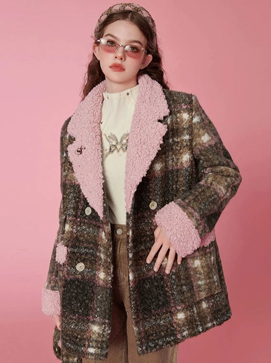 レトロチェックテーラードカラーツイードボアジャケット