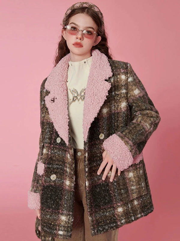 レトロチェックテーラードカラーツイードボアジャケット