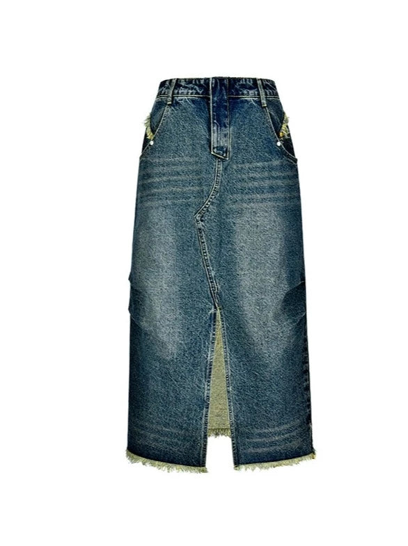 Retro Slit Washed Denim Skirt