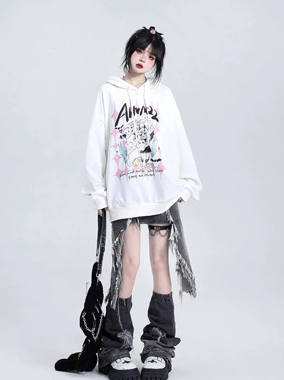 White Devil Print Oversized Hoodie Pullover