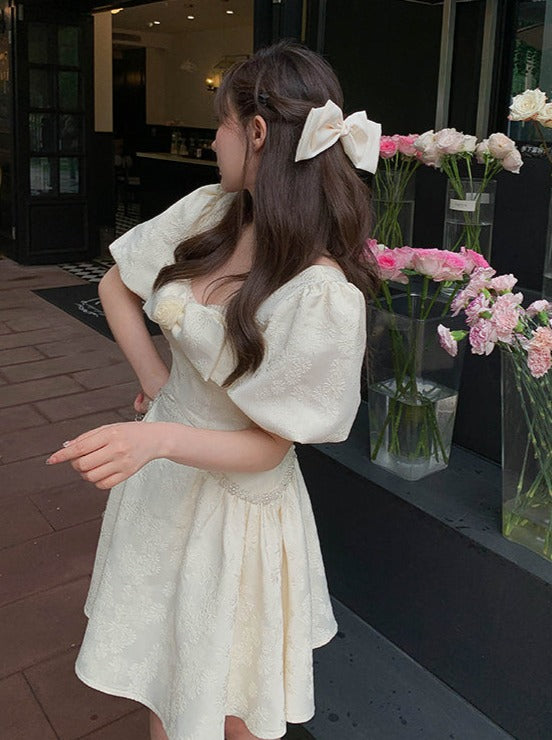 French Rose Puff Sleeve Jacquard Princess Square Dress