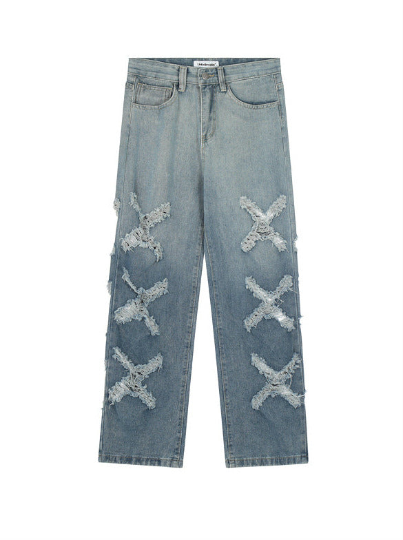 Hip -hop High Striped Design Straight Wide Drape Denim Pants