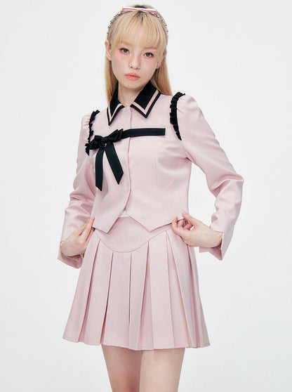 Ribbon jacket + pleated suit short skirt