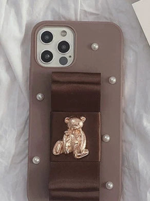 Etui pour téléphone portable avec ruban perlé en forme d'ourson