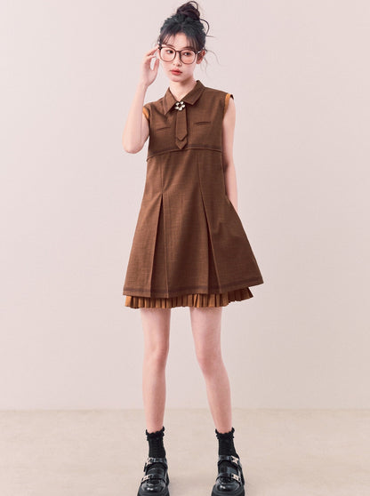 Retro no Sleeve Tie A line shirt dress