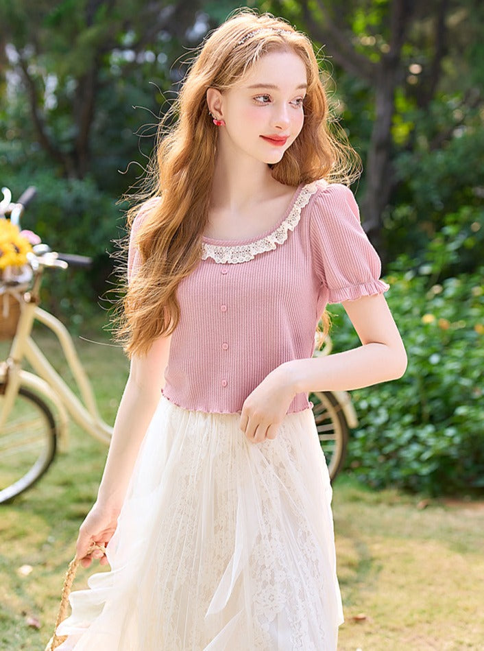 Frill Lace Puff Sleeve Suite Tops