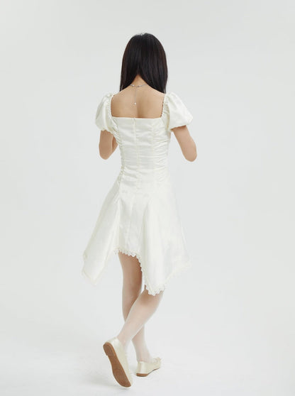 Asymmetrical design square neck ribbon dress