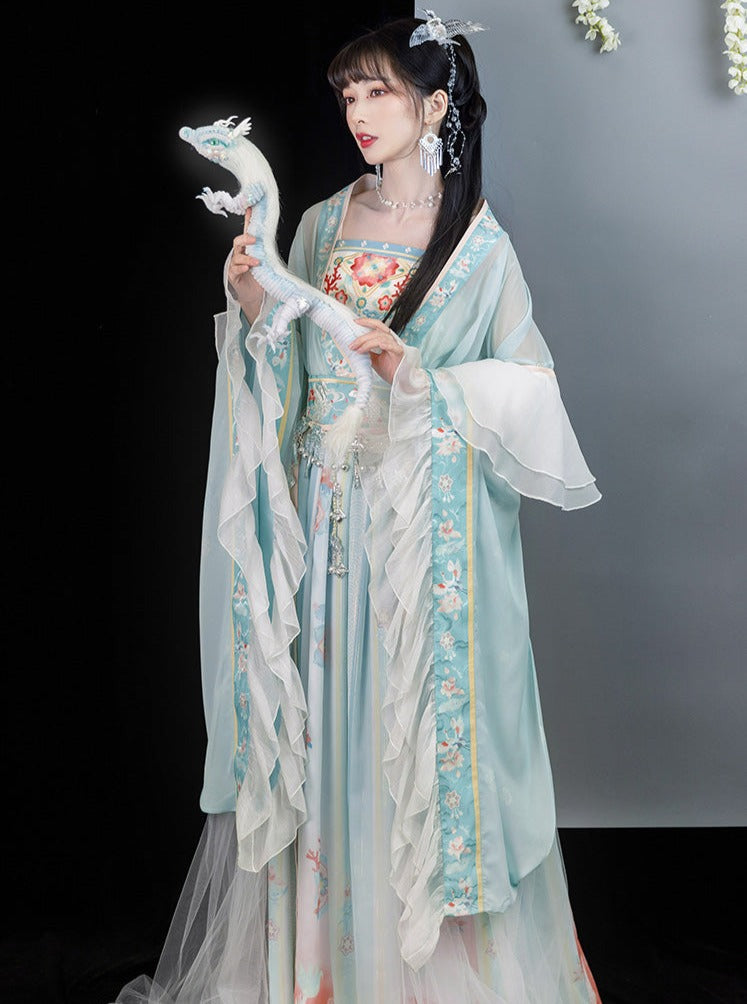 日式图案中国仙子薄纱套装 + 羽毛袖子