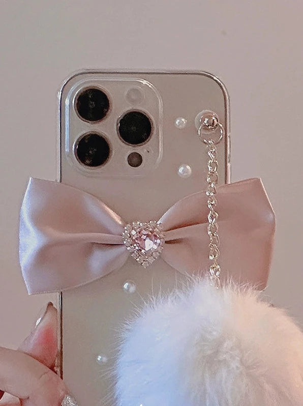 Girly rabbit fur ball pendant ribbon rhinestone phone case