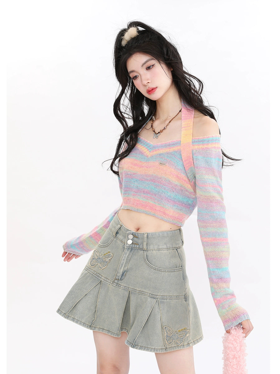 Rainbow Knit Halter Neck Sweet and Spicy Short Top