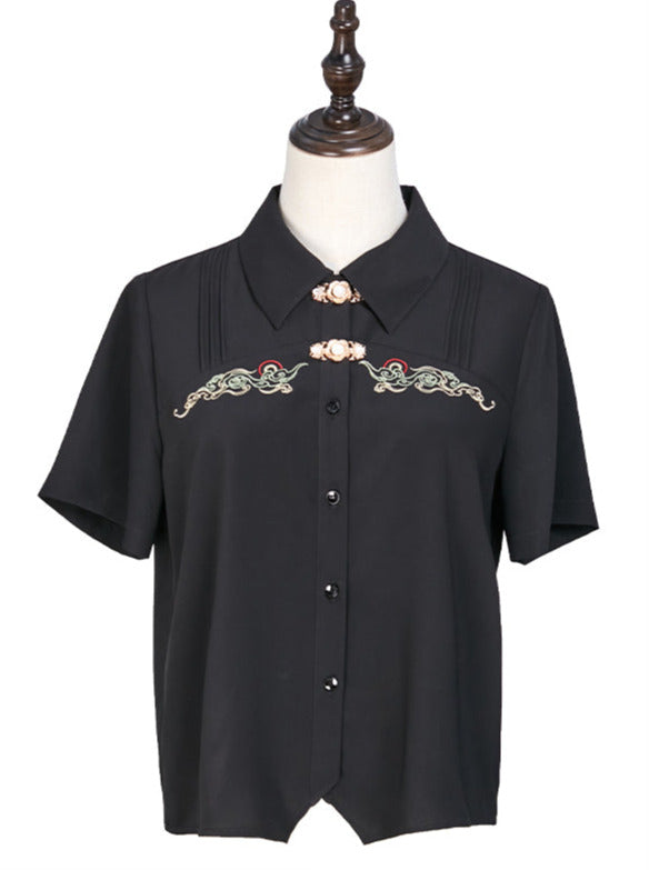 Black Embroidered Chinese Shirt + Split Lace Up Skirt