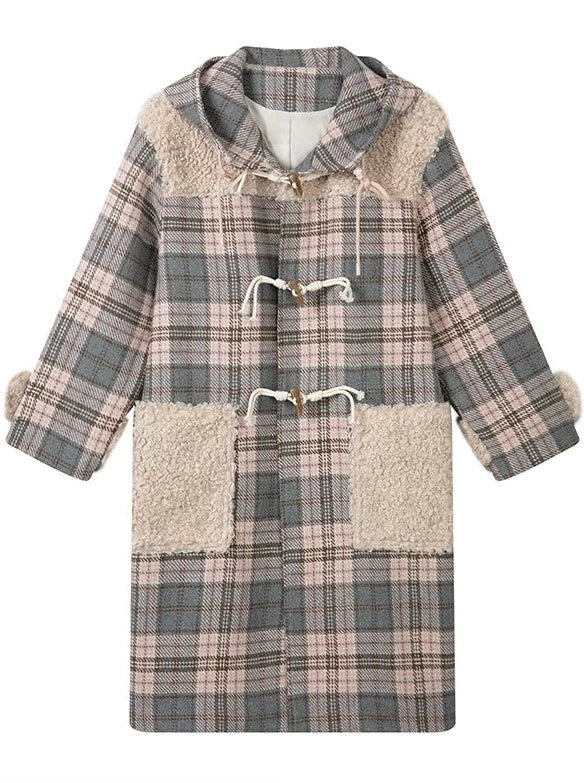 Pink & Gray Check Stitching Horn Buckle Loose Silhouette Long Coat