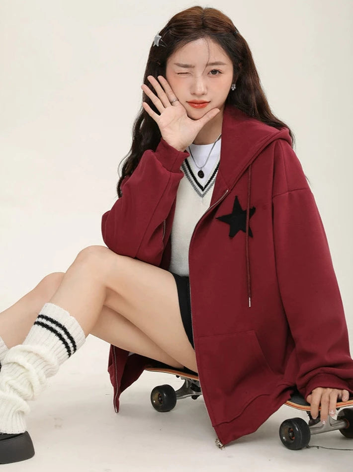 Star Zip Hooded Loose Sweatshirt Hoodie