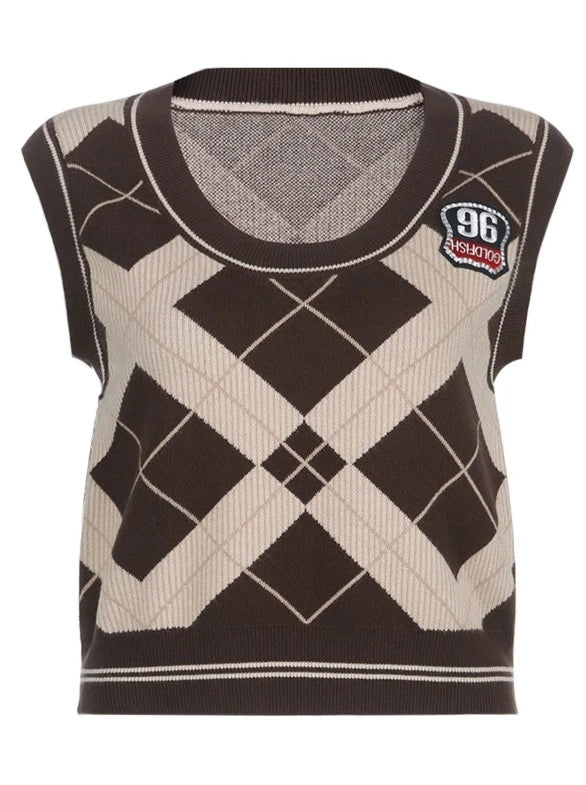 Dark College Argyle Short Vest