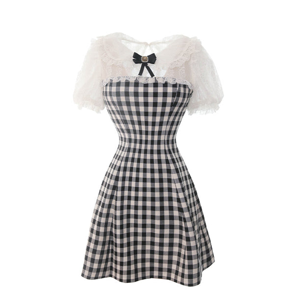 Ribons skirt check lace puff sleeve dress
