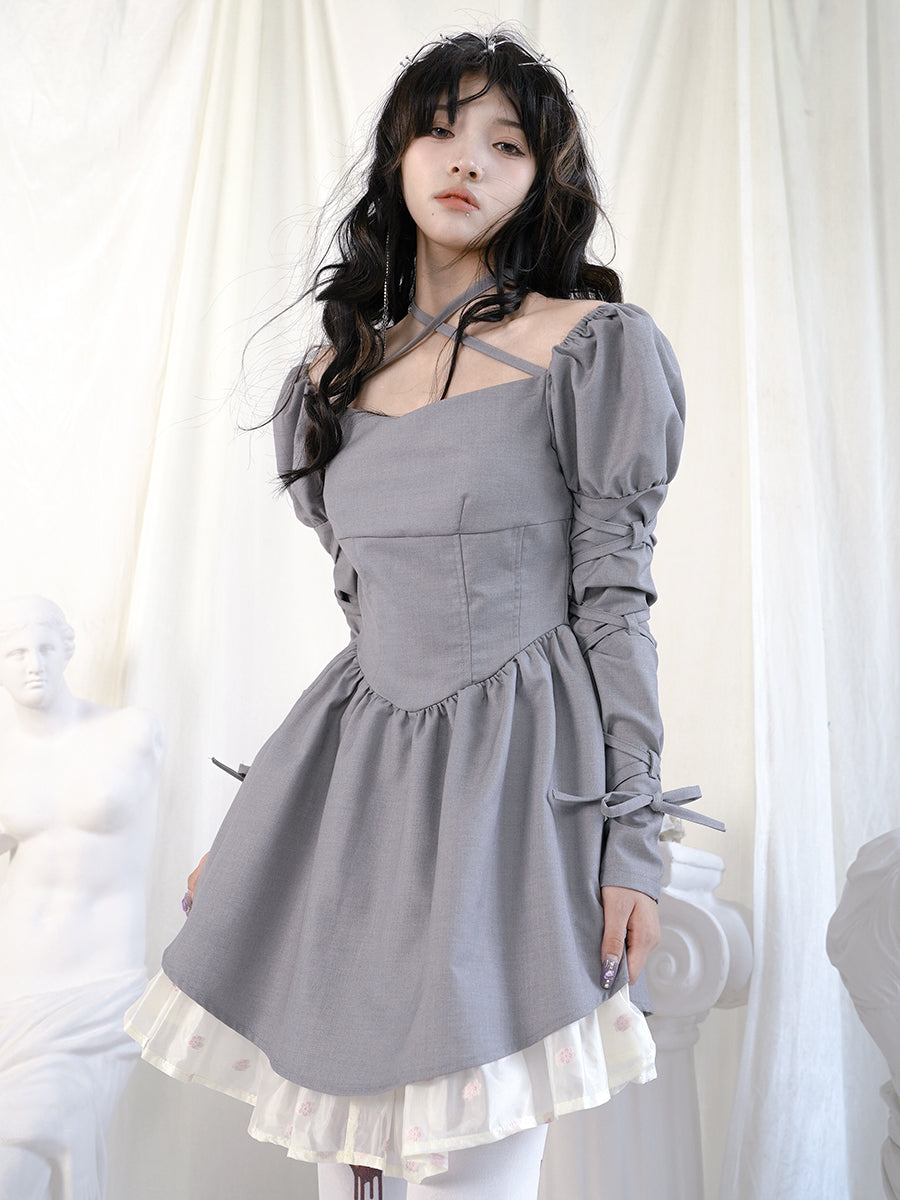 Waist mark layered dress with lace-up arm design