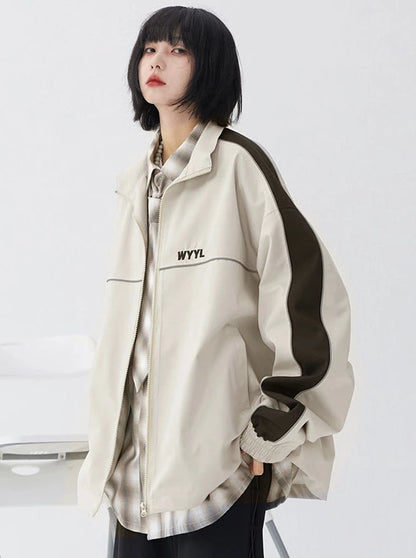 Loose Neutral Style Stitch Contrast Collar Jacket