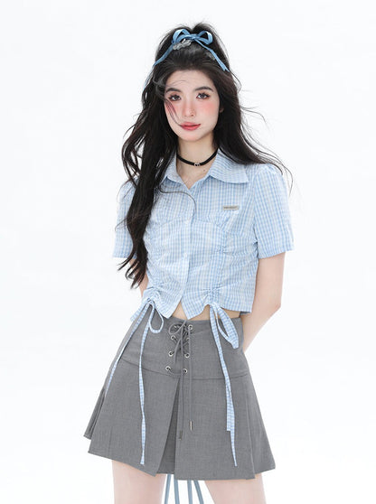 Shirred gingham check slim shirt 