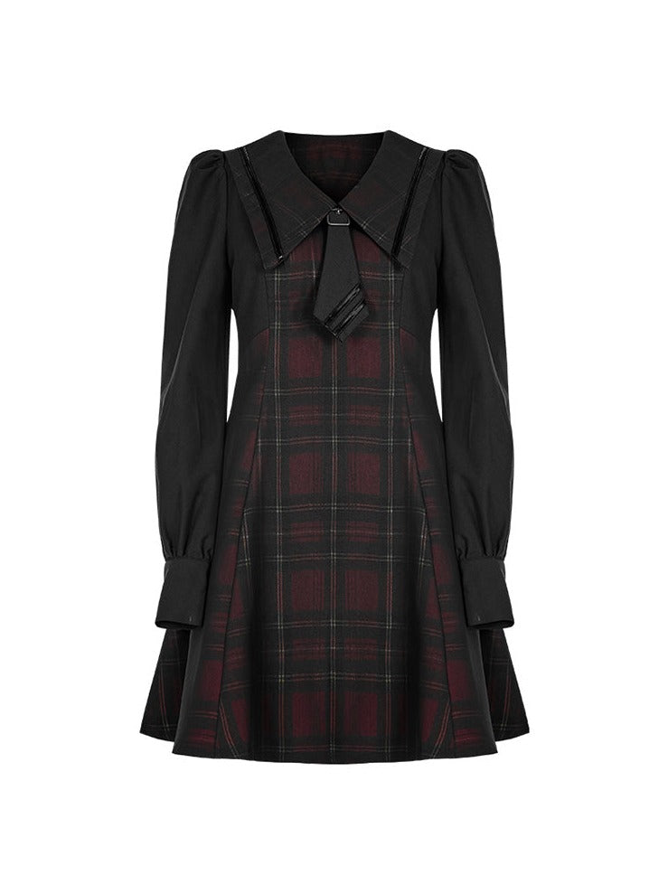 Retro Check Volume Sleeve Tie French Dress