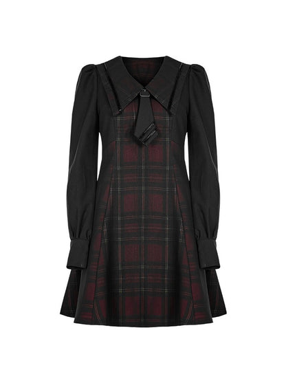 Retro Check Volume Sleeve Tie French Dress