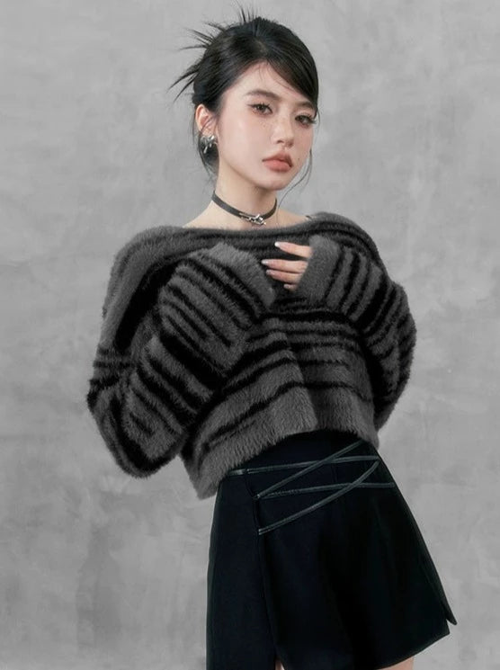 Striped Mink Velvet Pullover Short Knit Sweater