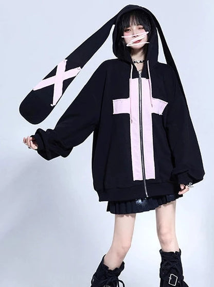 Cross bunny ears hoodie oversized jacket