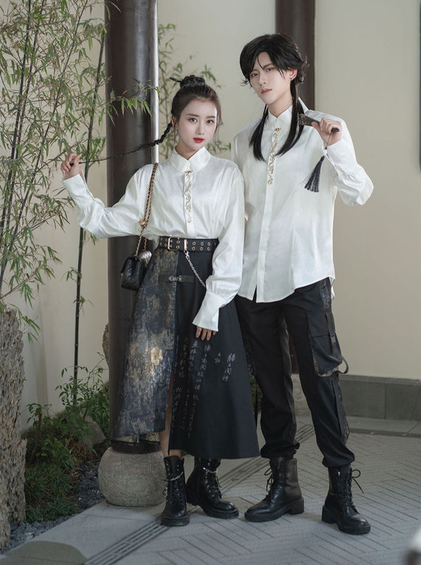 ゴールドワンポイントデザインチャイナユニセックスシャツ