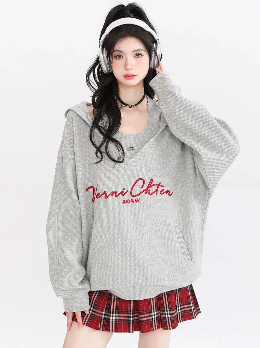 American Retro Sweatshirt Hooded Loose Oversized Two Piece Set