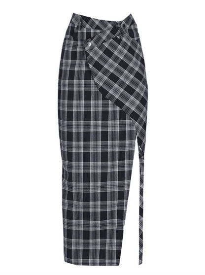 Y2K Dark Check Design Waist Split Skirt