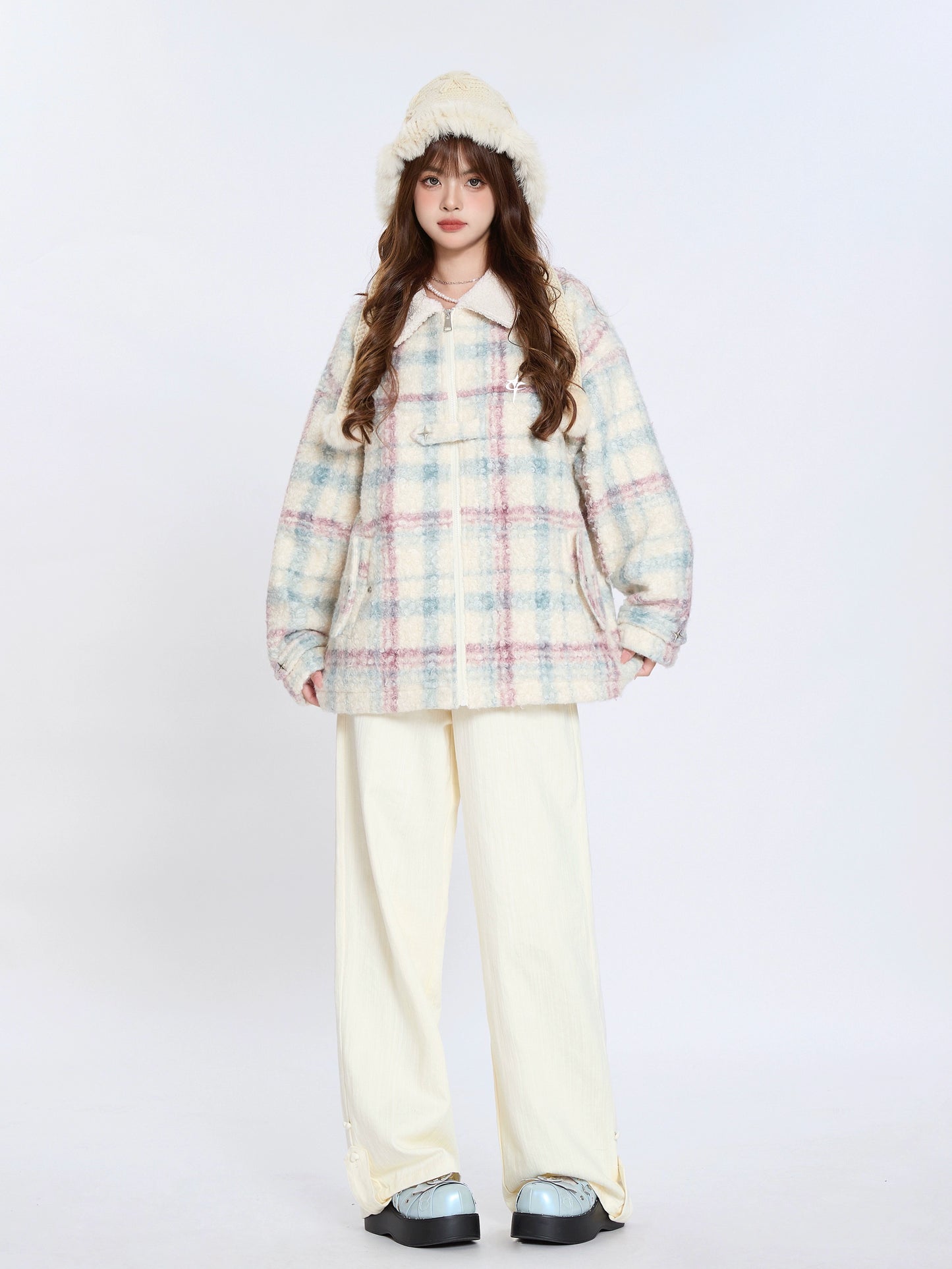 Retro Colorful Check Lapel Lamb Velvet Cotton Coat