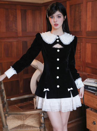 French Retro Black Frill Doll Color One Piece