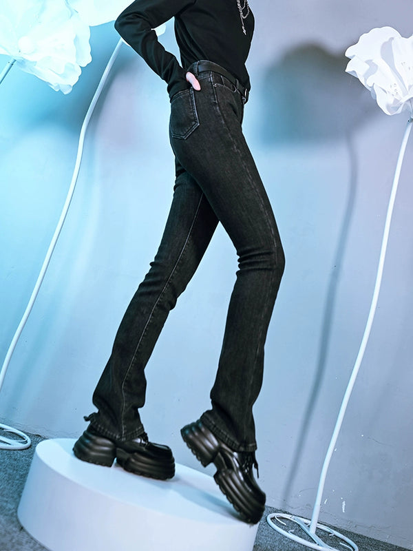 ダークバレーフレアハイウエストスリムレトロプラッシュジーンズ