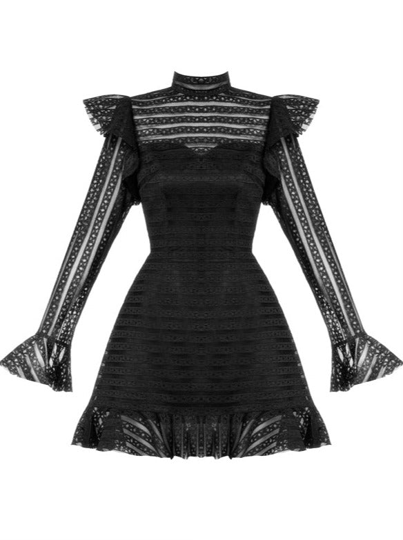 Stand Collar Sheer Black Dropped Sleeve Lace Dress