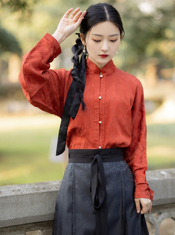 Rayon Jacquard Bow Pocket Sleeve Short Shirt