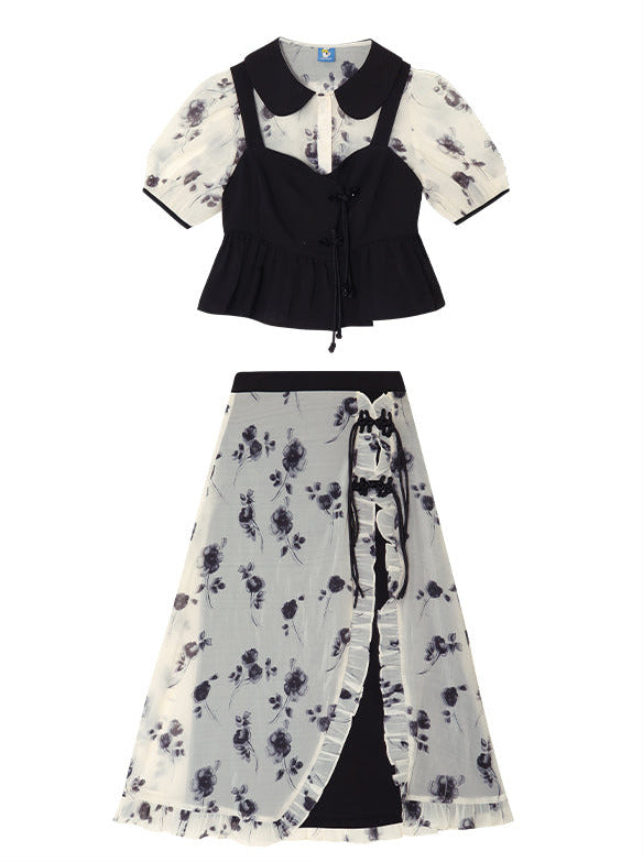 Chinese-Style Black White Floral Top Bustier Skirt Three Piece Set