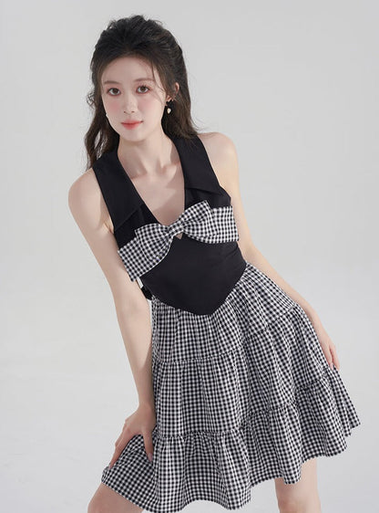 French Retro Check Ribbon One Piece